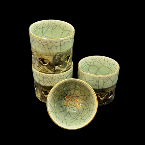 MCM Somayaki Double Wall Tea Cups Crackle Glaze, Gold Horse Motif Heart Cutouts