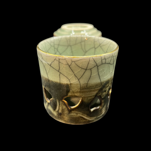 MCM Somayaki Double Wall Tea Cups Crackle Glaze, Gold Horse Motif Heart Cutouts