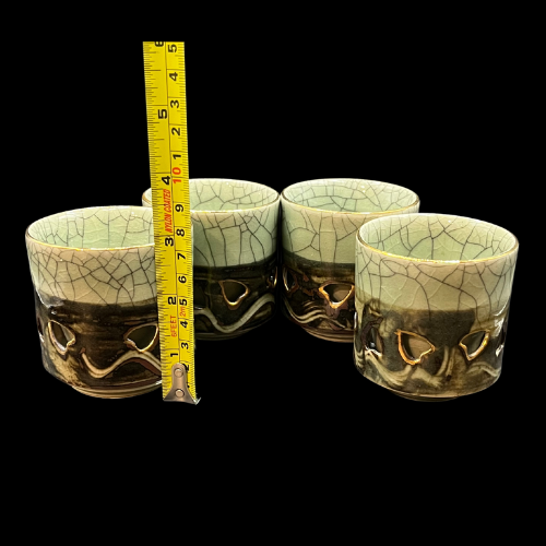 MCM Somayaki Double Wall Tea Cups Crackle Glaze, Gold Horse Motif Heart Cutouts