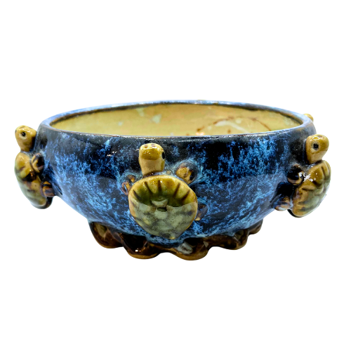 Vintage Majolica Blue Glaze Studio Art Turtle Bowl Planter Signed