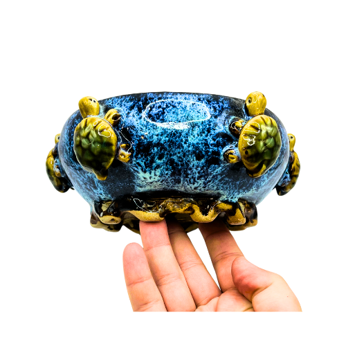 Vintage Majolica Blue Glaze Studio Art Turtle Bowl Planter Signed