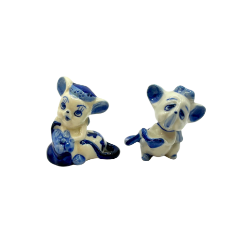 Vintage Delft Blue Style Ceramic Mouse Miniature Figurines Enesco Hand Painted Floral