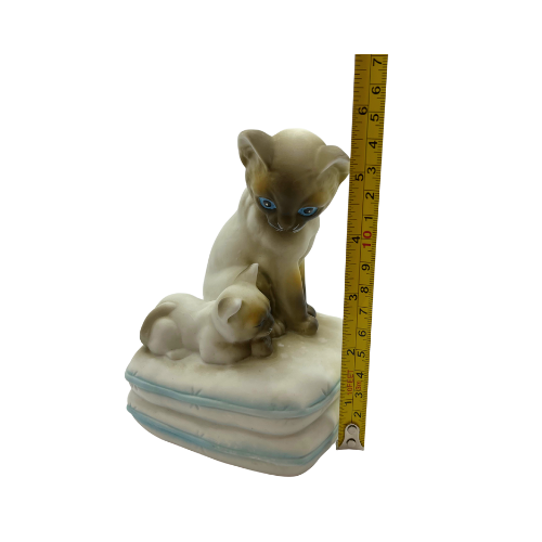 Vintage Siamese Cat and Kitten Music Box Mann Porcelain Figurines Sitting on Pillow