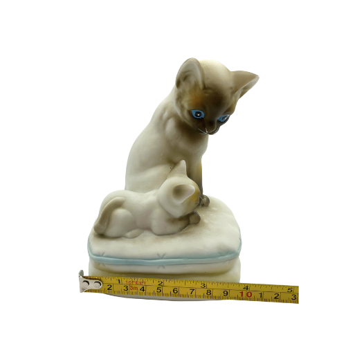 Vintage Siamese Cat and Kitten Music Box Mann Porcelain Figurines Sitting on Pillow