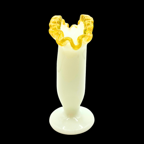 Vintage Fenton Glass Gold Amber Crest Milk White Fan Vase 6.5" by 6"
