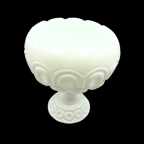 MCM LE Smith Moon and Stars White Milk Glass Pedestaled Compote Decorative Curved Rim Bowl