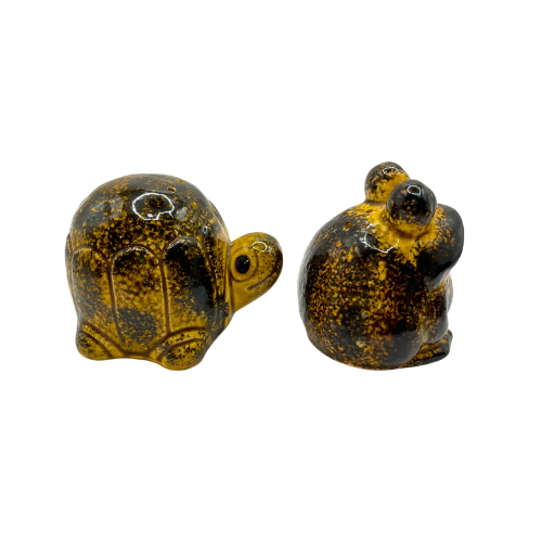 Vintage Turtle Frog Comb Salt And Pepper Shakers Japan Brown and Black Glaze