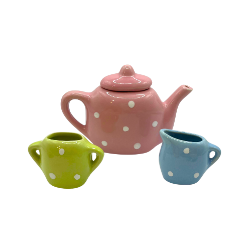 Toy Tea Set Brooklyn Lollipop 12pc Polka Dot Pastel Ceramic China Play Miniature Dishes