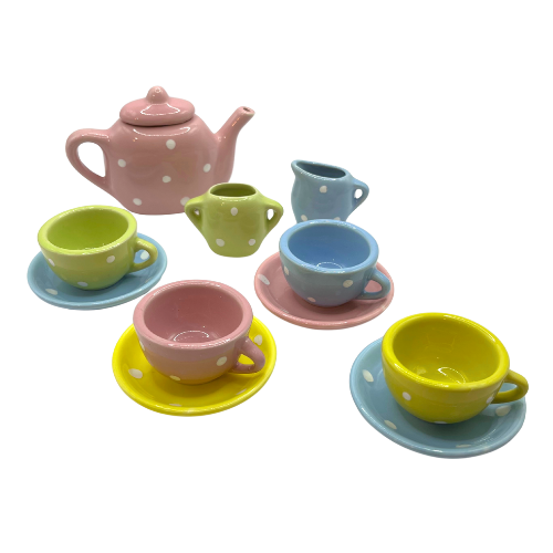 Toy Tea Set Brooklyn Lollipop 12pc Polka Dot Pastel Ceramic China Play Miniature Dishes