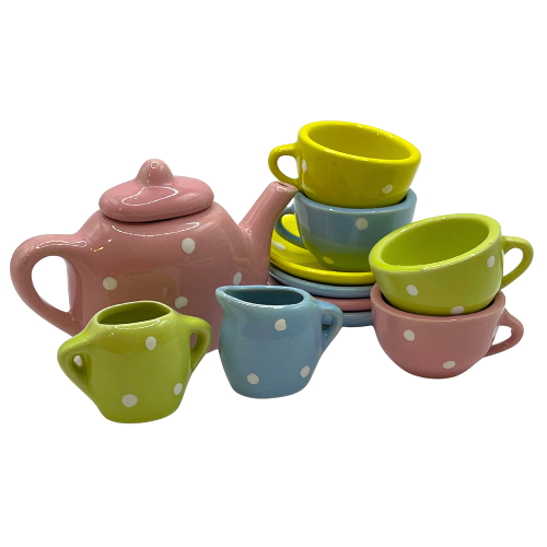 Toy Tea Set Brooklyn Lollipop 12pc Polka Dot Pastel Ceramic China Play Miniature Dishes