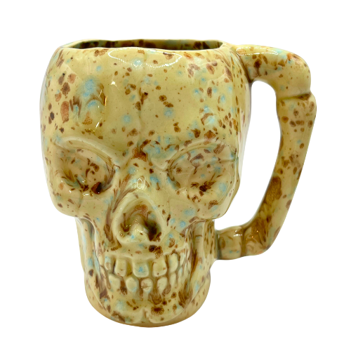 Unique Skeleton Skull Ceramic Coffee Mug Handmade Brown and Blue Splatter Drip Glaze Signed