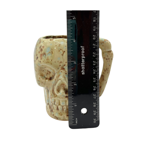 Unique Skeleton Skull Ceramic Coffee Mug Handmade Brown and Blue Splatter Drip Glaze Signed