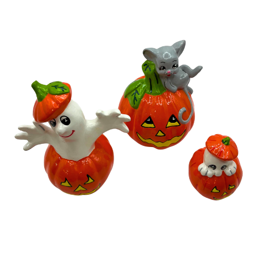 3 Vintage Ceramic Halloween Jack -O- Lanterns Figurines Hand Painted