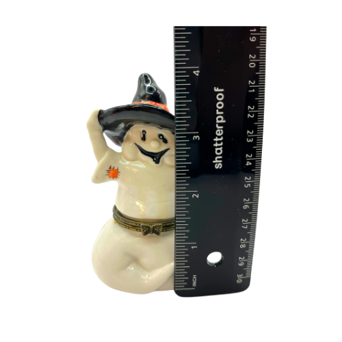 Vtg Halloween Ceramic Hinged Trinket Treasure Box Ghost Wearing Hat, Pumpkin Trinket Treasure