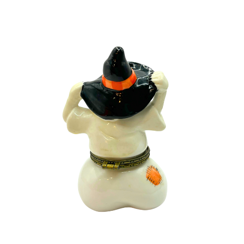 Vtg Halloween Ceramic Hinged Trinket Treasure Box Ghost Wearing Hat, Pumpkin Trinket Treasure