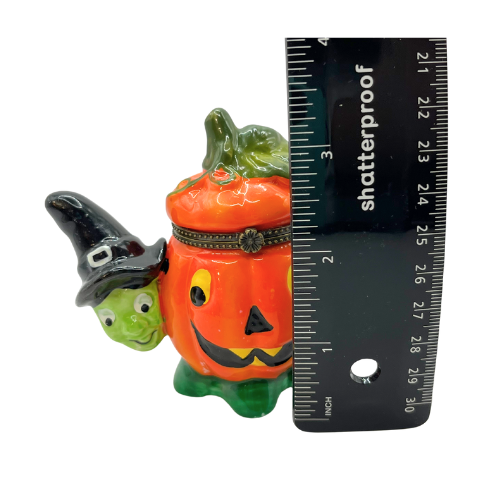 Vintage Halloween Ceramic Trinket Box Peek A Boo Witch Black Cat with Jack O Lantern with Spell Book Trinket