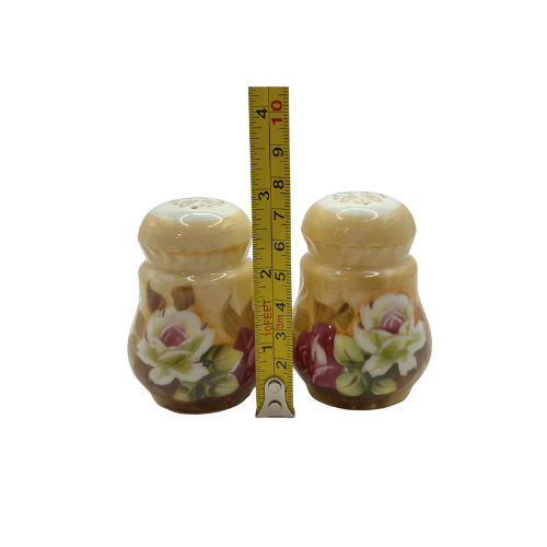 Vtg Lefton Heritage Brown Floral Salt & Pepper Set with Original Stickers