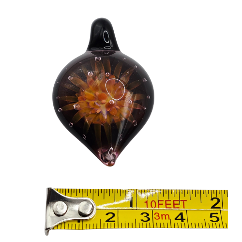 Vintage Signed Andy Ray Pendant Floral Sacred OM Implosion Style Galactic Glass Tear Drop Pendy Shape Style