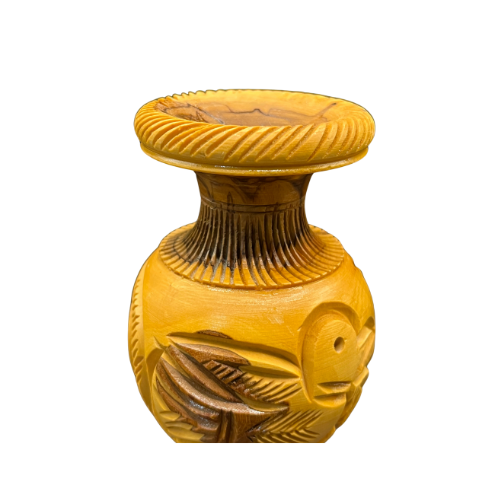 Vintage 7" Olive Wood Handcrafted Tapered Candle Stick Holder with Birds and Palm Leaves