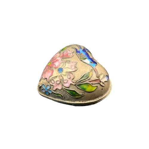 Vintage Cloisonne Puffy Heart Trinket Box Keep Sake with Hummingbird Antique Style Finish