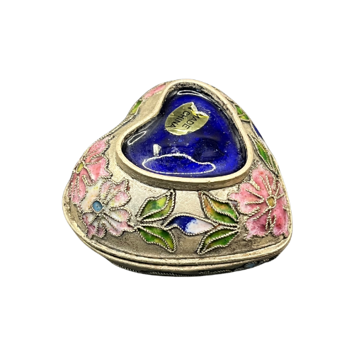 Vintage Cloisonne Puffy Heart Trinket Box Keep Sake with Hummingbird Antique Style Finish