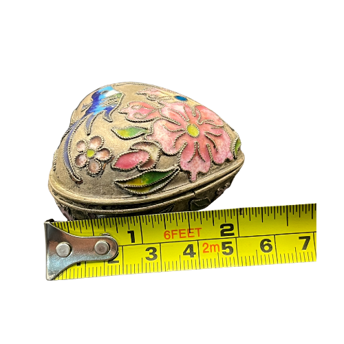 Vintage Cloisonne Puffy Heart Trinket Box Keep Sake with Hummingbird Antique Style Finish