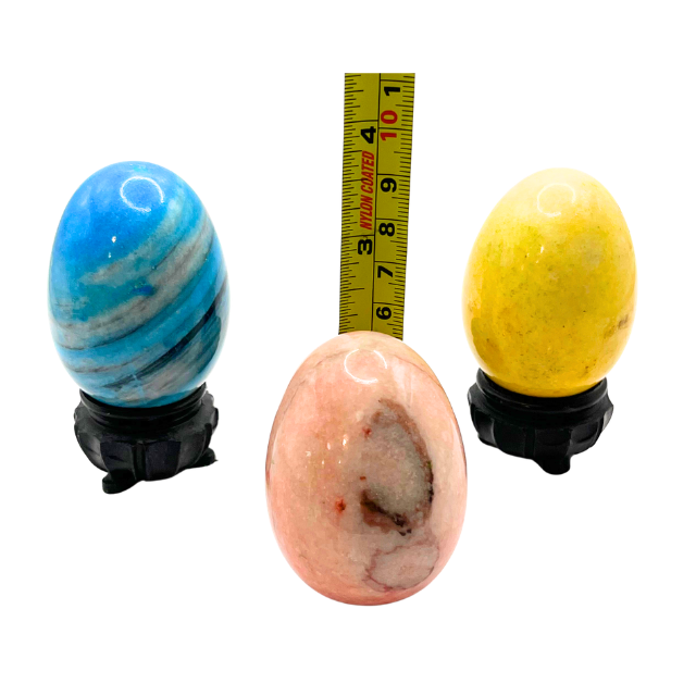 Vintage Carved Stone Eggs w/ Stands, Dyed Alabaster Marble LOT of 3