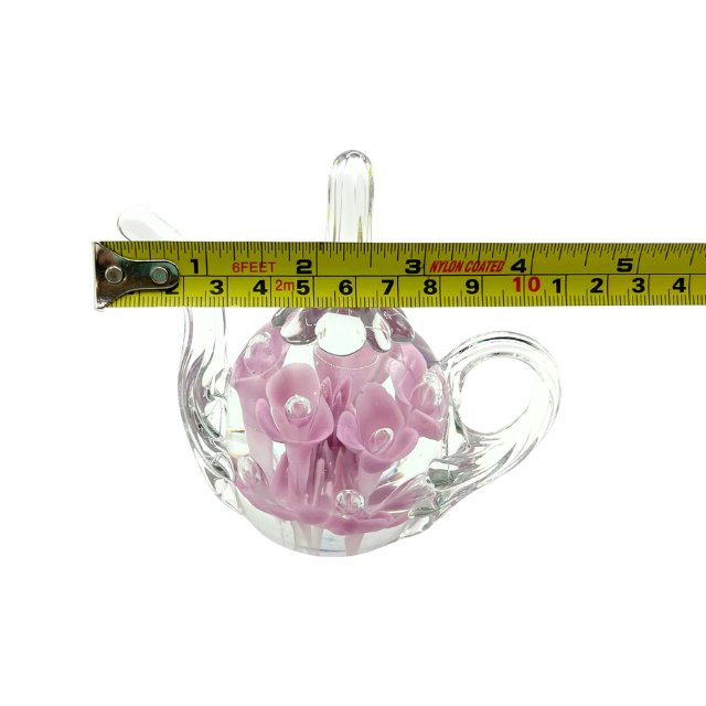 Vintage Hand-Blown Glass Teapot Paperweight Pink Flowers with Controlled Bubble