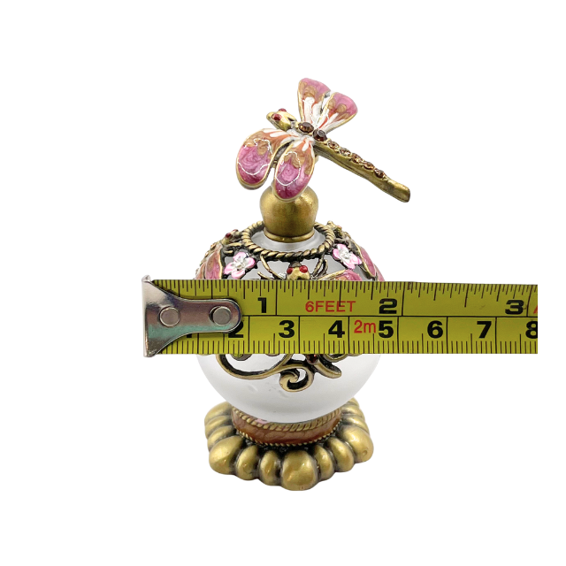 Jeweled Pink Dragonfly & Flower Enamel Round Glass Perfume Bottle with Base