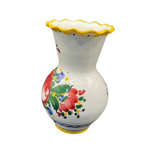 Vintage Signed Czechoslovakian Handcrafted Red Clay Vase with Painted Floral Design