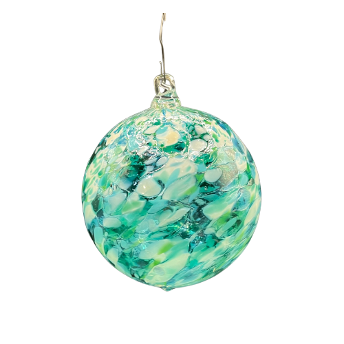 Hand Blown Studio Art Glass Ornament Blue Green and White Splatter Swirl Pattern