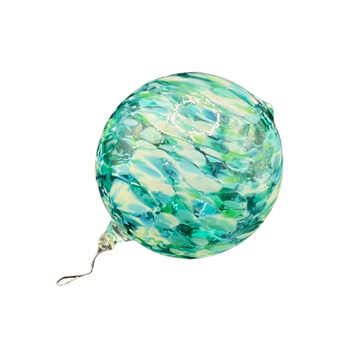 Hand Blown Studio Art Glass Ornament Blue Green and White Splatter Swirl Pattern