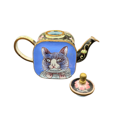 Vintage Kelvin Chen Style Mini Enameled Cat Themed Teapot with Lid