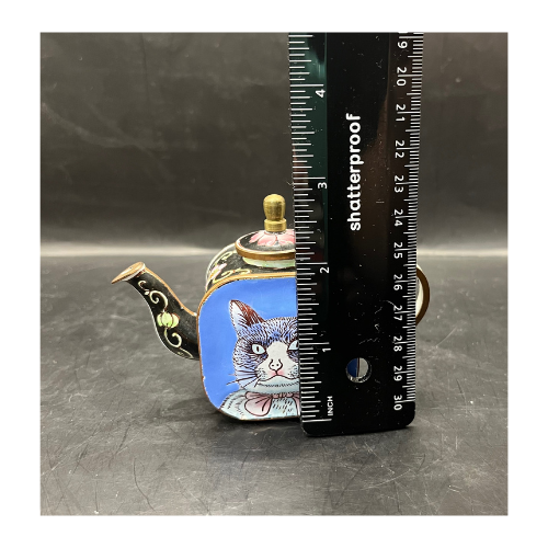Vintage Kelvin Chen Style Mini Enameled Cat Themed Teapot with Lid