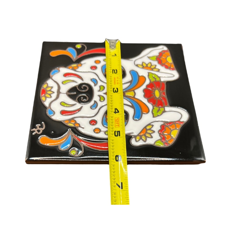 Handmade Ceramic Tile Sugar Skull Dog Wall Art Day of the Dead Folk Art