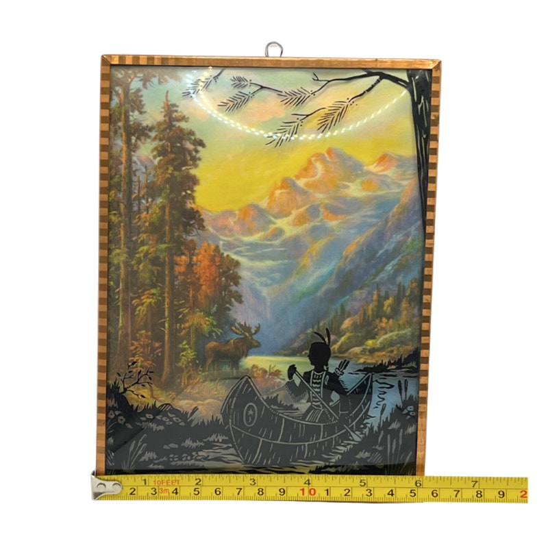 Vintage Reverse Painted Silhouette Picture Native American Nature Art