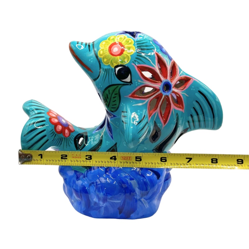 Mexican Talavera Pottery Dolphin Luminary Hand Painted Folk Art Blue
