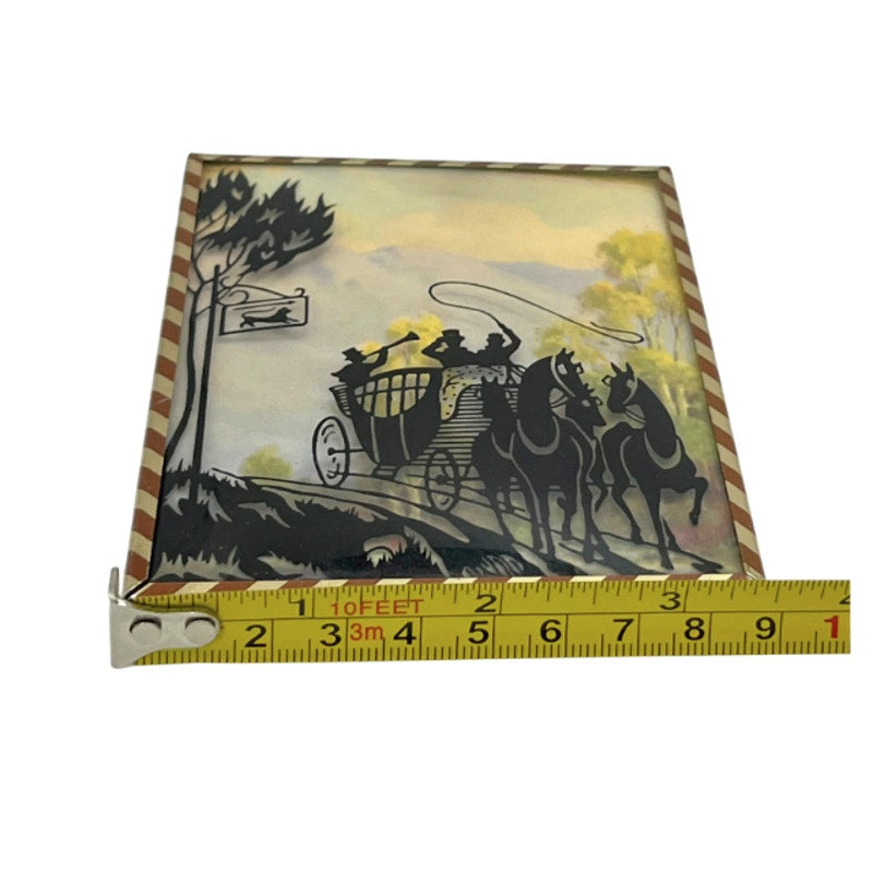 Vintage Reverse Painted Silhouette Horse-Drawn Carriage Scene