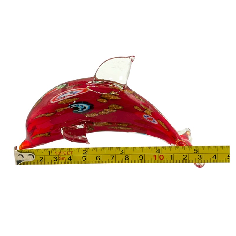 Murano Style Red Aventurine Dolphin Sculpture Blown Art Glass with Millefiori