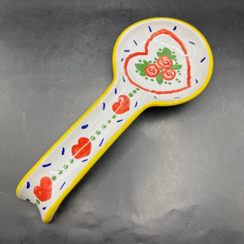 Italian Deruta Pottery Spoon Rest Hand Painted Red Heart and Floral White