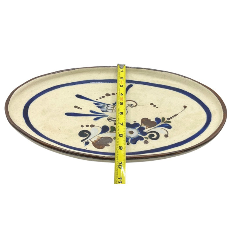 Vintage Tonalá Mexican Folk Art Pottery Serving Platter Bird Floral Oval Tray