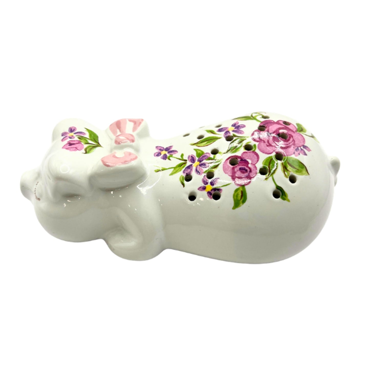 Avon Vintage 1978 Porcelain Sleeping Pig Potpourri Sachet Floral Figurine