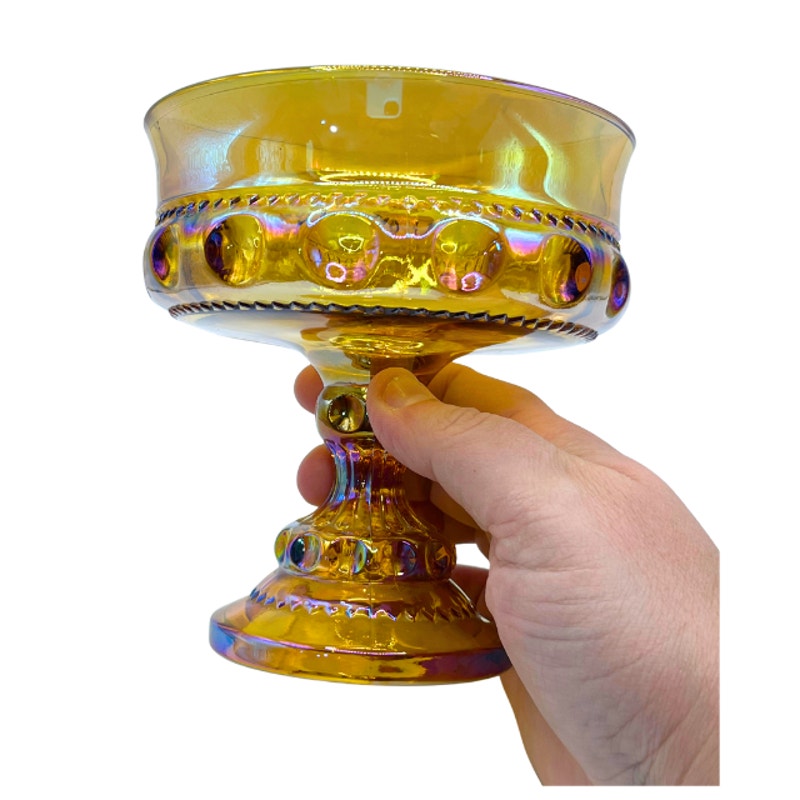Vintage Indiana Glass Kings Crown Marigold Carnival Glass Pedestal Compote Dish
