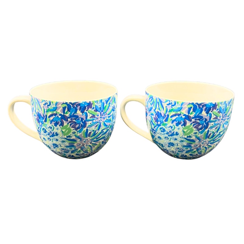 Lilly Pulitzer Ceramic Coffee Mugs Blue Floral High Maintenance Set of 2