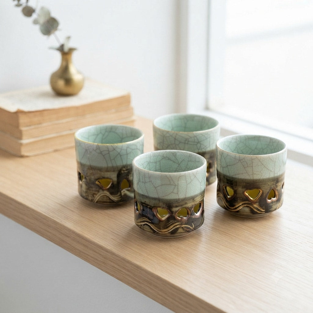MCM Somayaki Double Wall Tea Cups Crackle Glaze, Gold Horse Motif Heart Cutouts