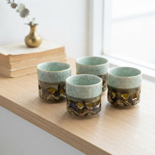 MCM Somayaki Double Wall Tea Cups Crackle Glaze, Gold Horse Motif Heart Cutouts