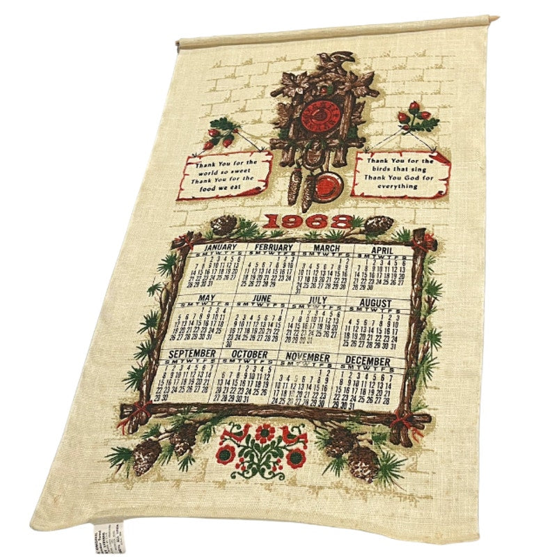 Vintage 1968 Stevens Linen Calendar Tea Towel Cuckoo Clock