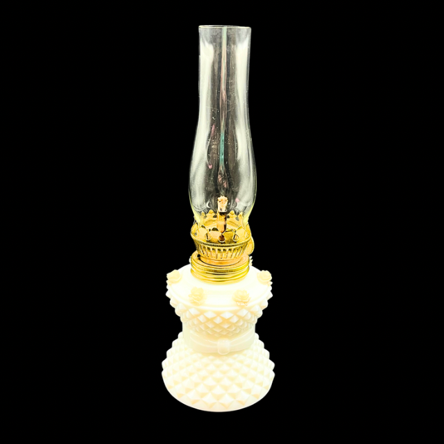 Vintage 8" Miniature Oil Lamp White Milk Glass Diamond Point Base with Ivory Rose Accents