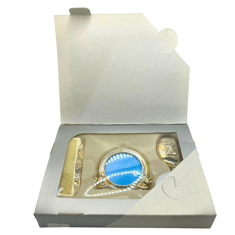 Vintage Silver Plated Baby Gift Set Teddy Bear Frame Brush Comb w/ Original Box