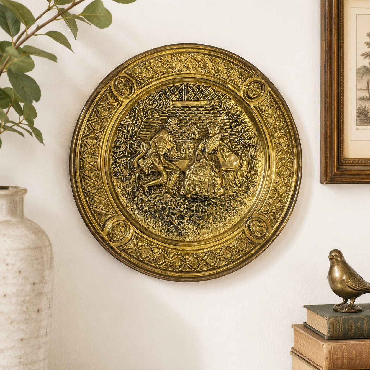 Vintage Brass Wall Plate Courting Couple Mid Century England